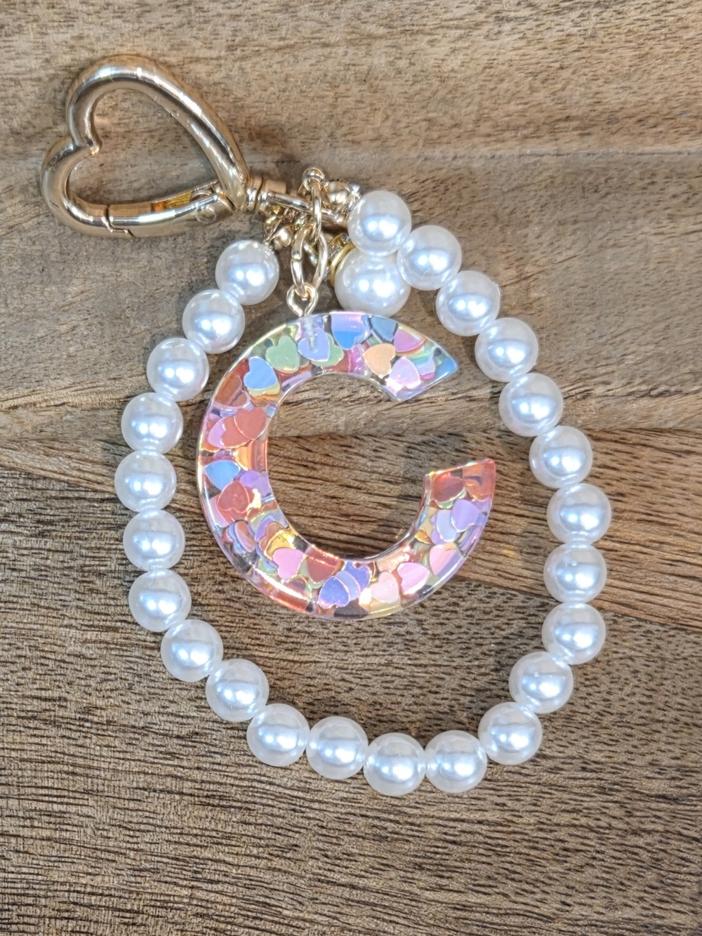 Pearl Beaded Wristlet with a Heart Filled Iridescent 'C' Charm - Picture 2 of 8